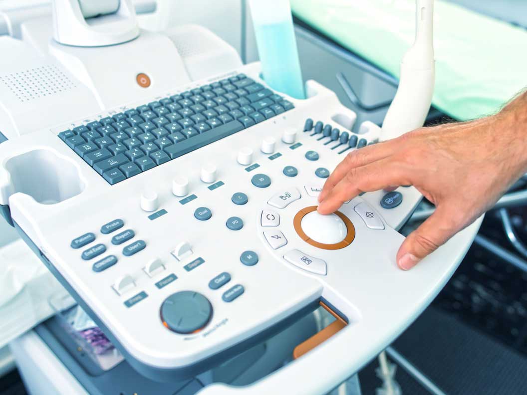 Diagnostic medical sonography imaging equipment in use. 