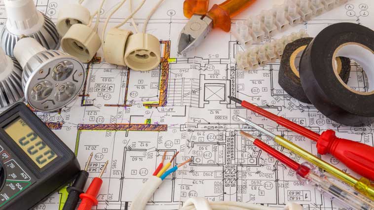 Electrician equipment and technical diagrams. 